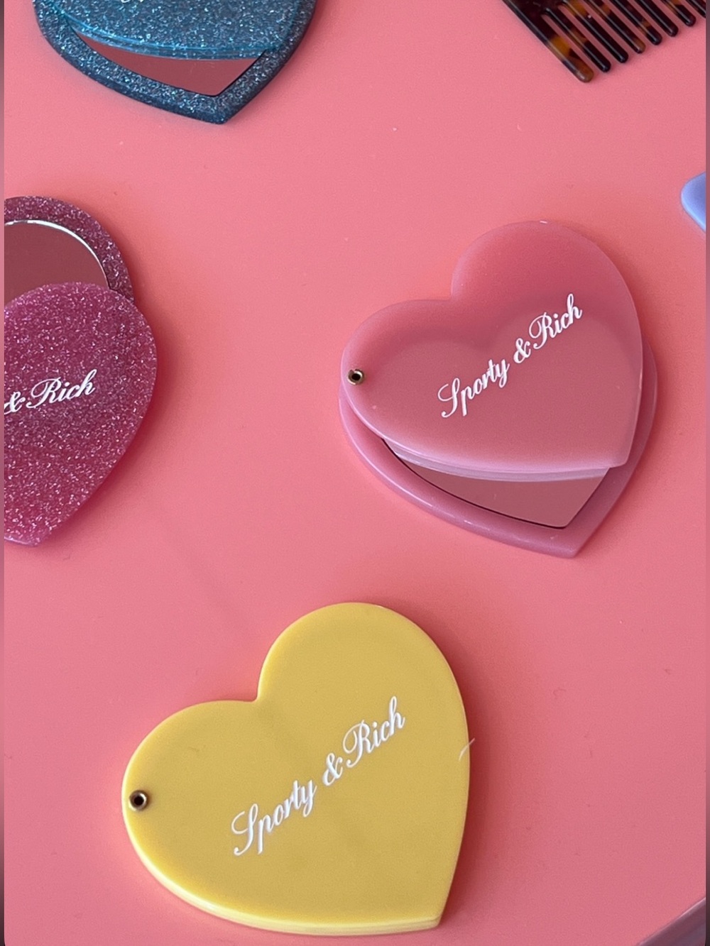 Sporty & Rich Heart Compact Mirror Trio in Pink, Yellow, Blue